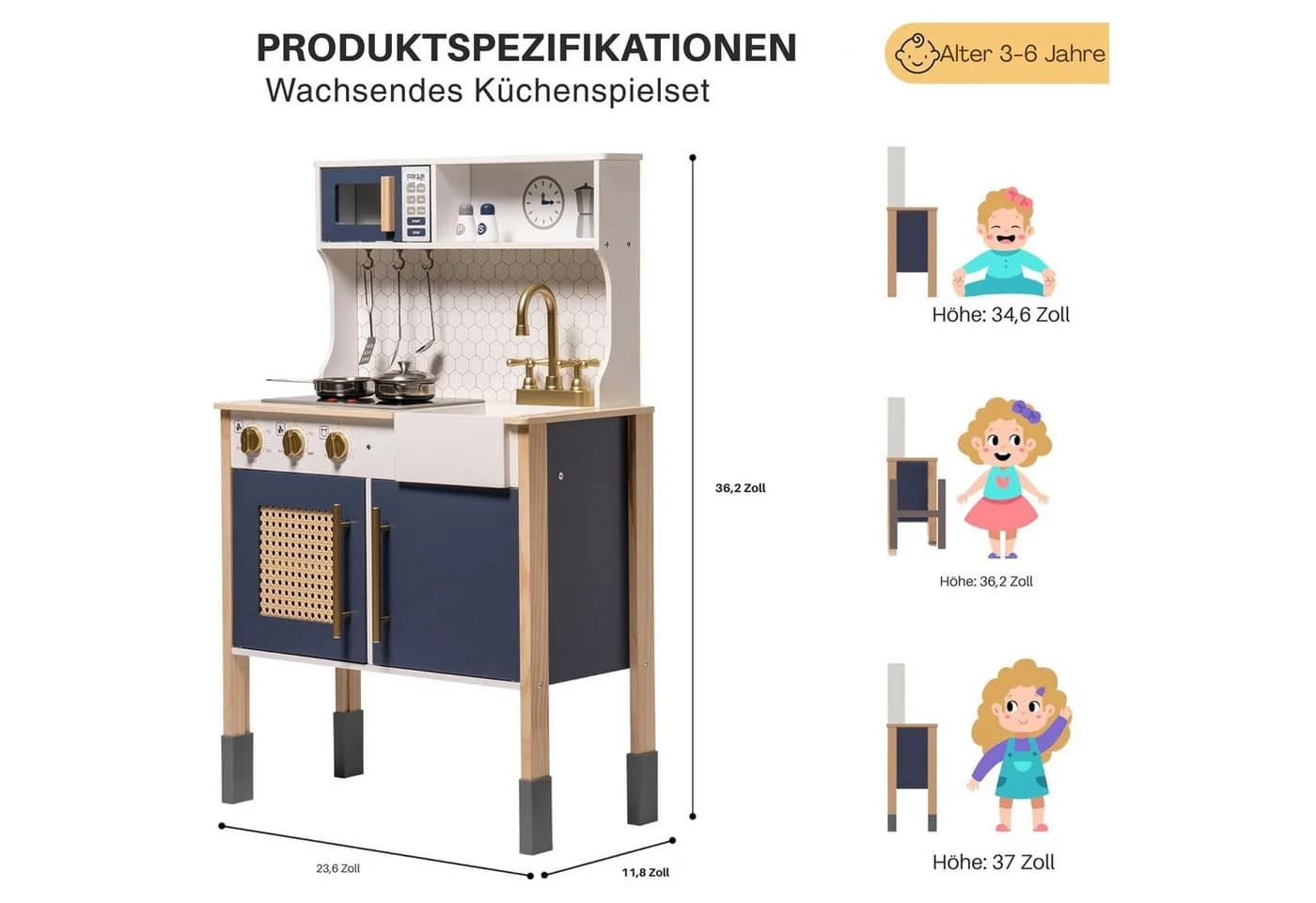 Vivitar Spielküche aus Holz blau höhenverstellbar mit Licht & Sound