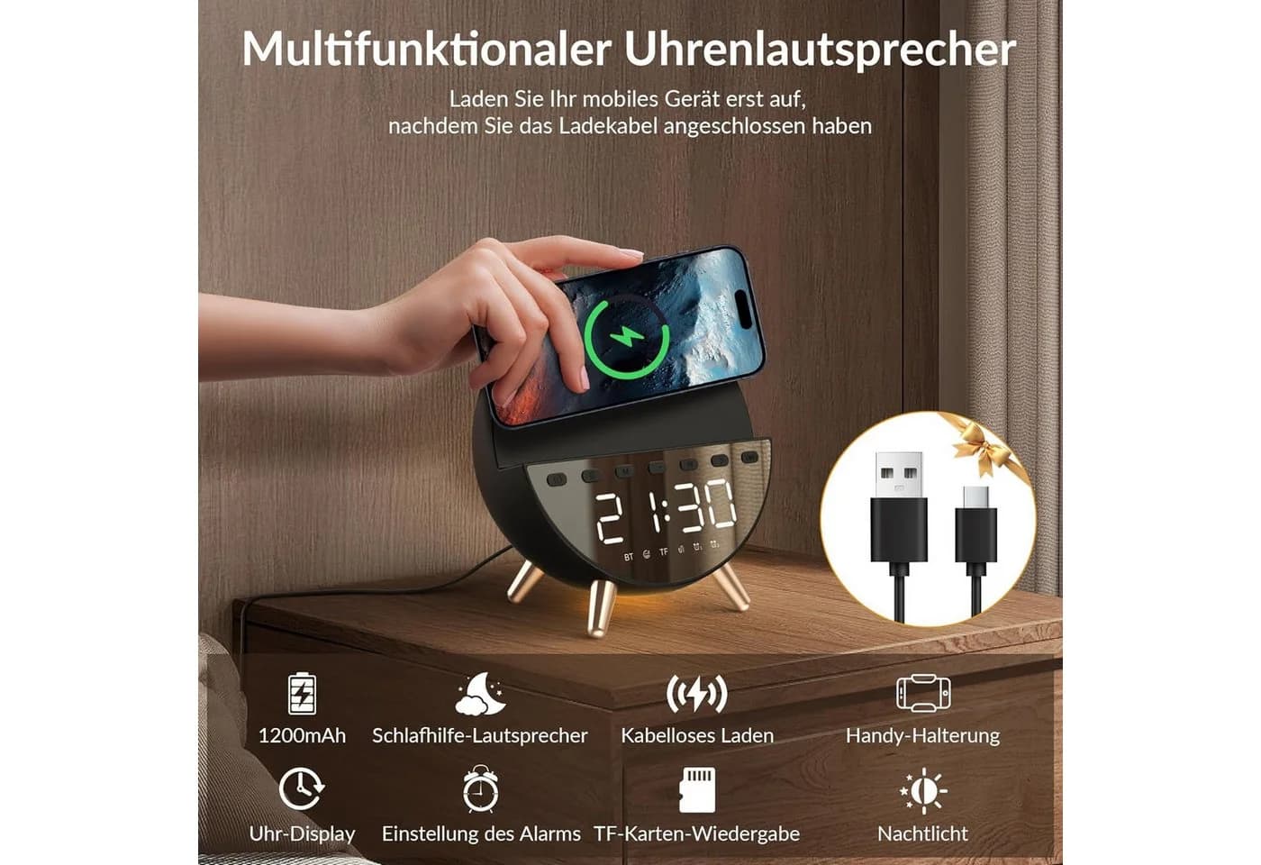 Vivitar 7-in-1 Digitalwecker mit 15W Wireless Charging & Bluetooth