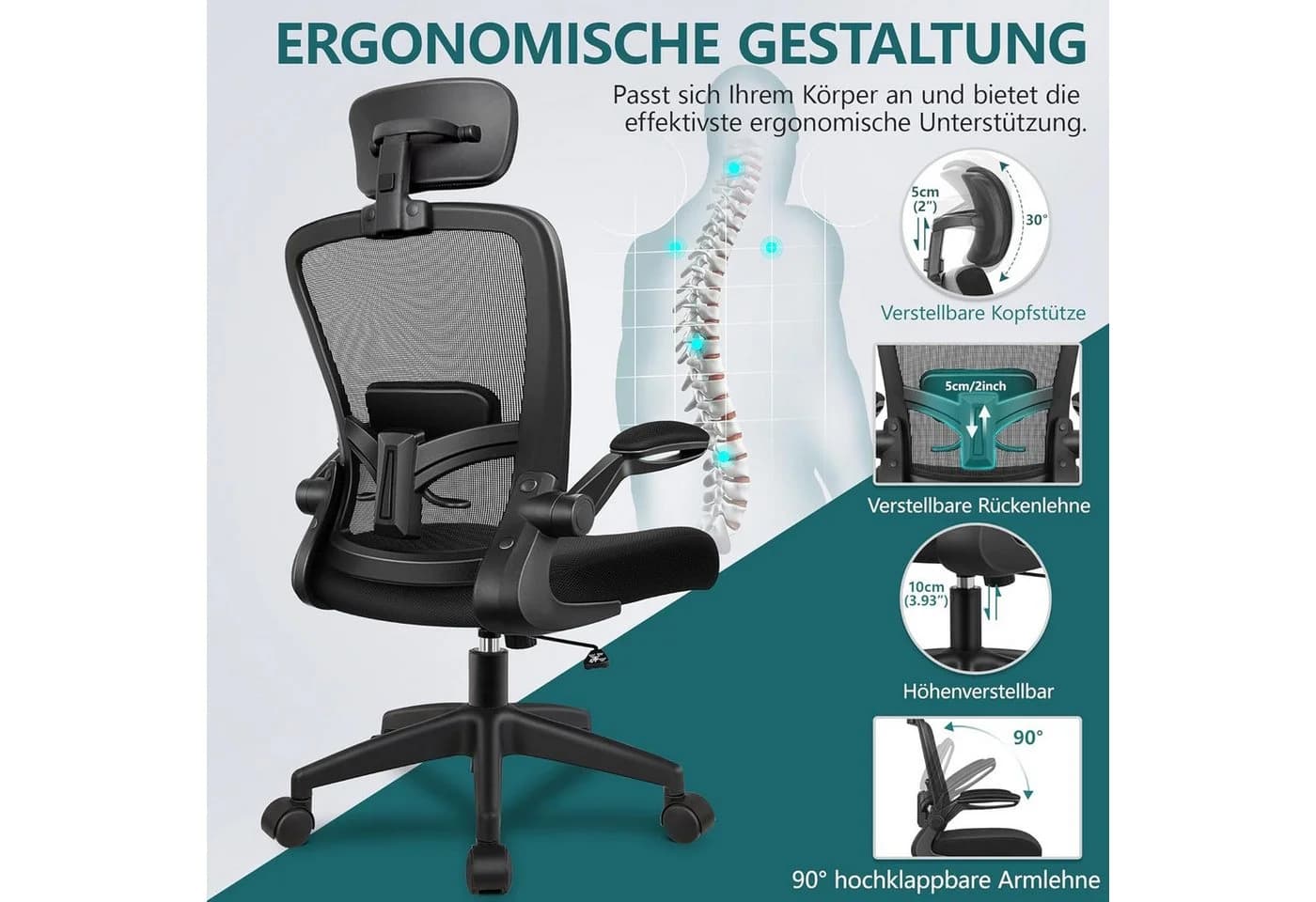 Vivitar Bürostuhl Ergonomisch Mit Kopfstütze & Lendenwirbelstütze - Bild 3