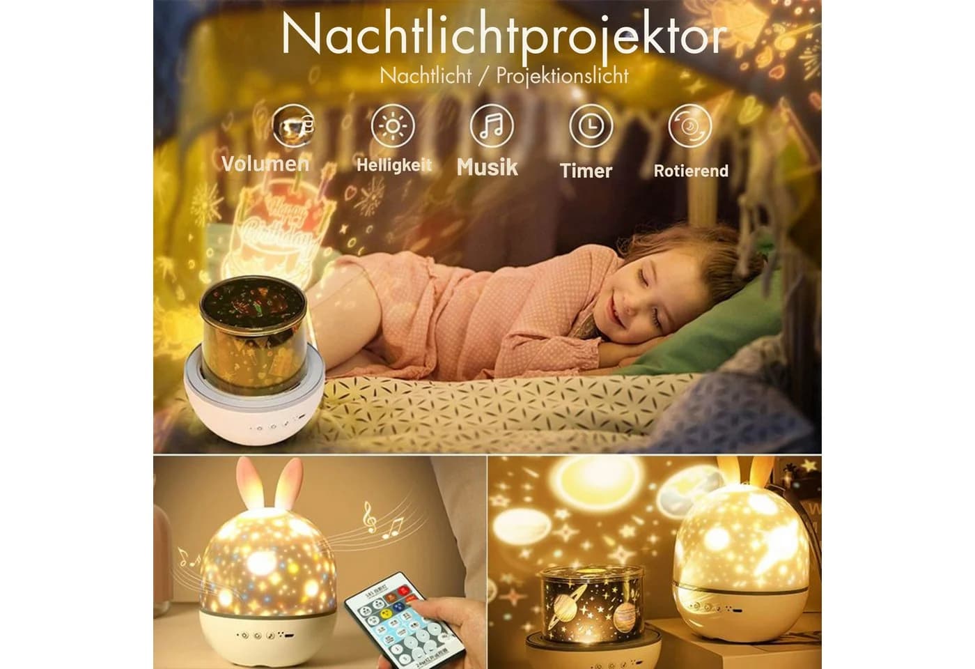 Vivitar LED-Sternenhimmel Hasen-Nachtlicht-Projektor mit 15 Mustern & Bluetooth