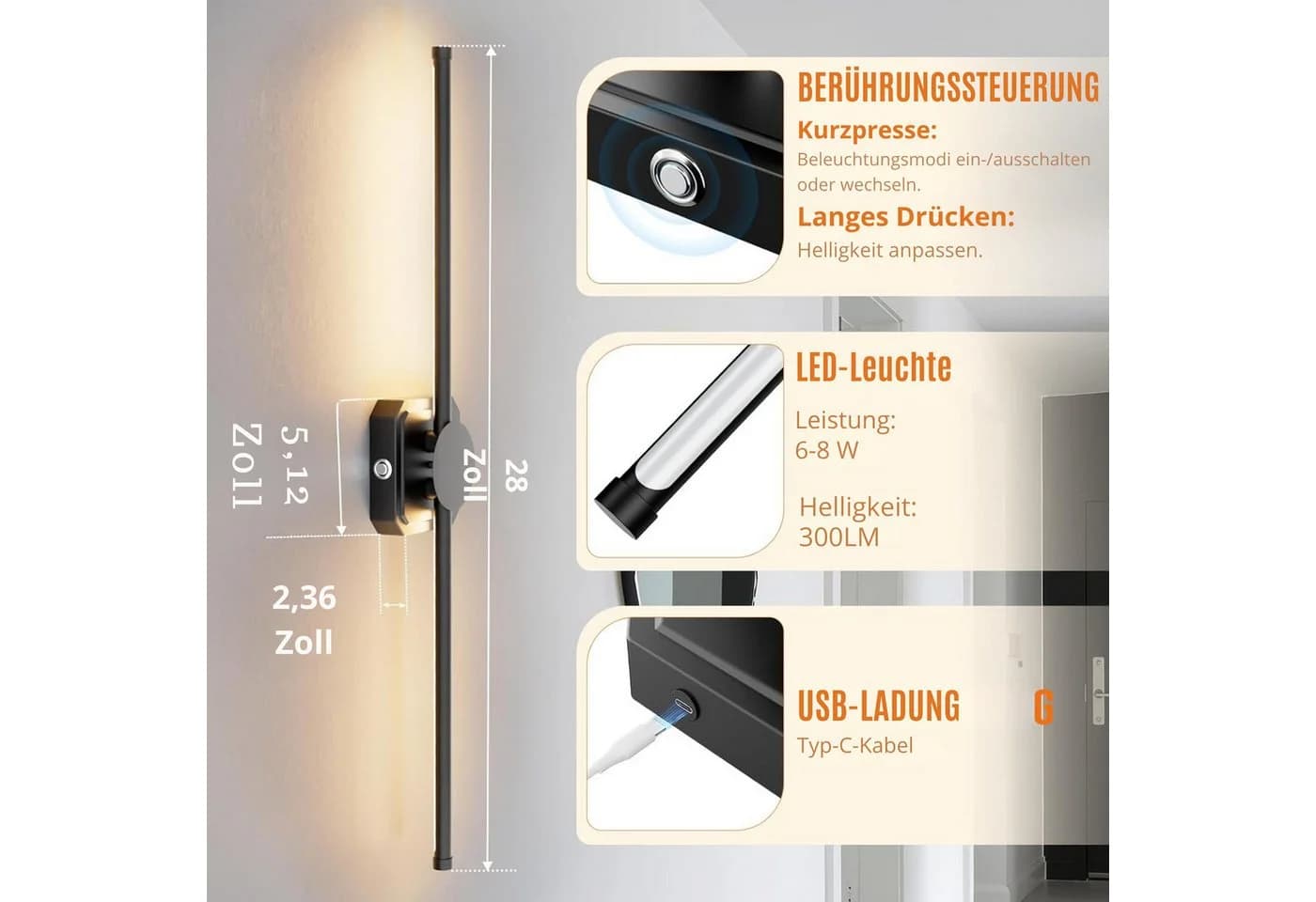 Vivitar LED Wandleuchte Schwarz Kabellos Dimmbar mit Fernbedienung - Bild 3