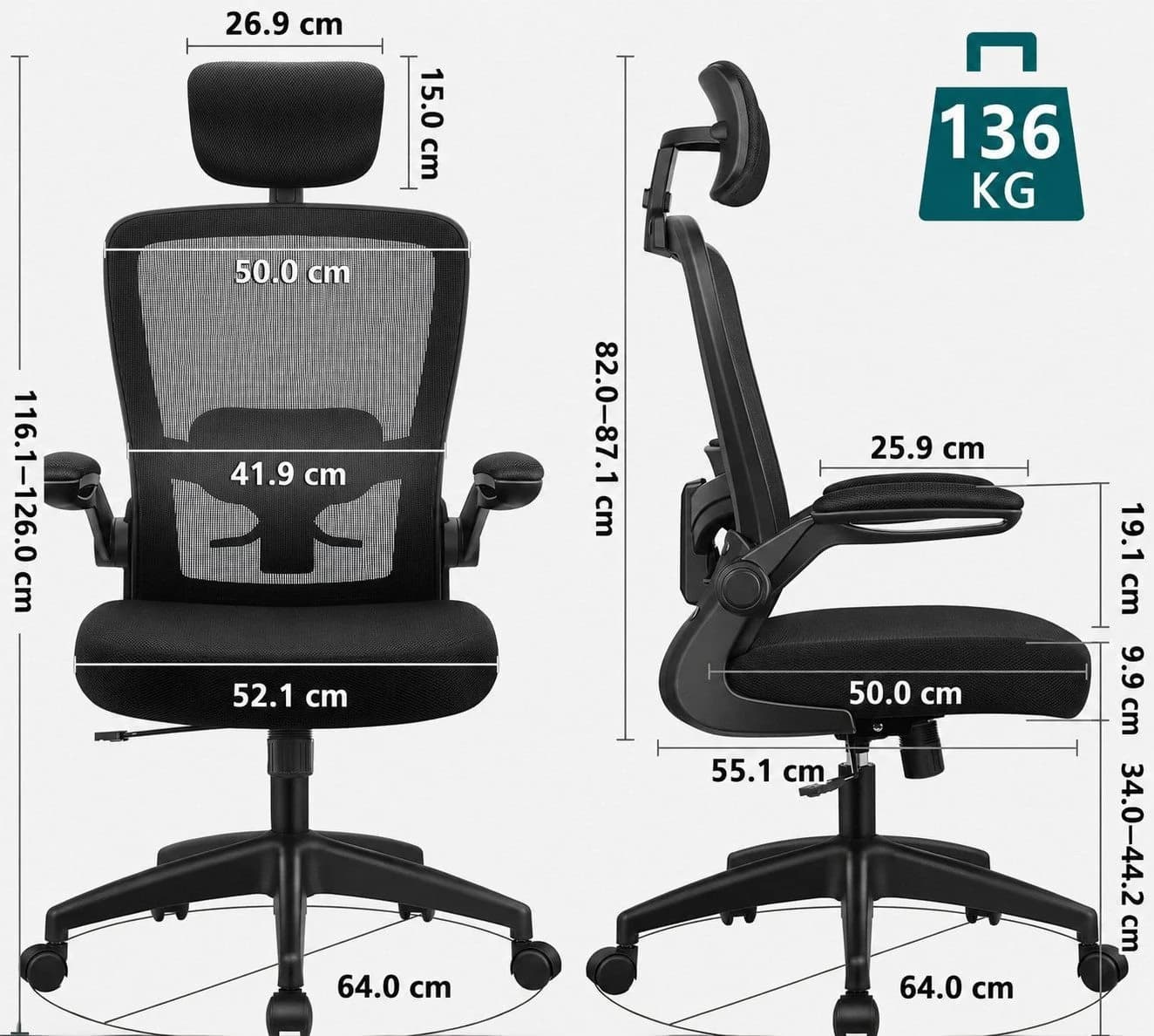 Vivitar Bürostuhl ergonomisch mit Mesh-Rückenlehne und verstellbarer Kopfstütze