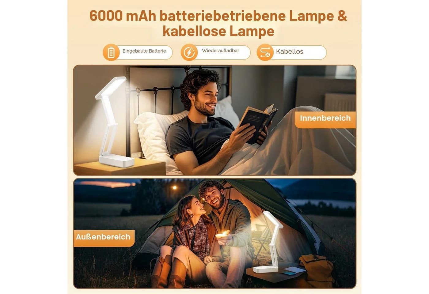 Vivitar LED Nachttischlampe Kabellos Faltbar Dimmbar 3 Lichtfarben