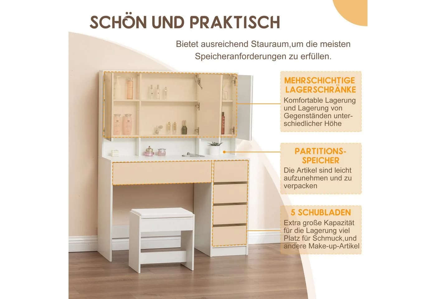 Thanaddo Schminktisch mit LED-Spiegel, Hocker und Schubladen, Weiß - Bild 5