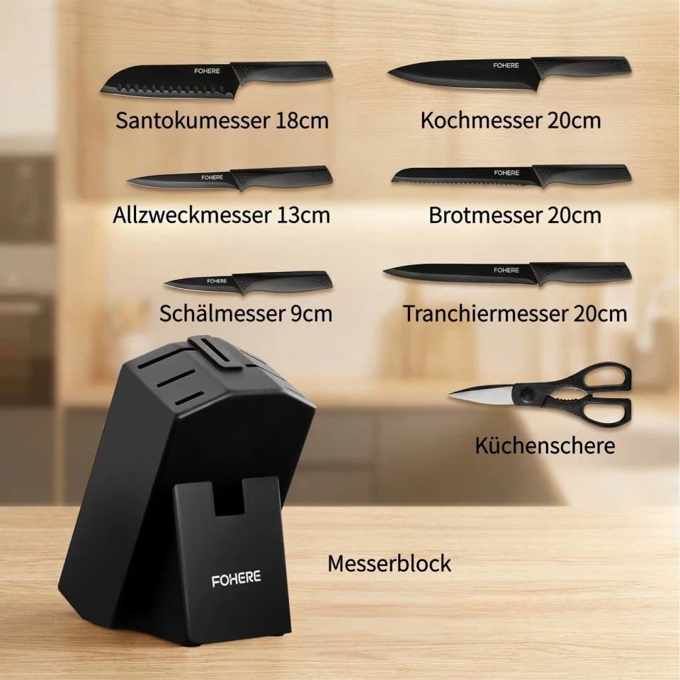 FOHERE Messer-Set 8-tlg. mit Holzblock & Schärfgerät Schwarz - Bild 4