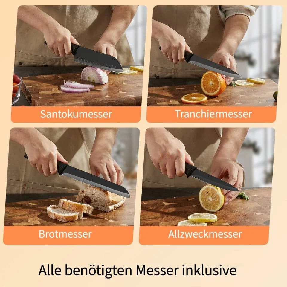FOHERE Messer-Set 8-tlg. mit Holzblock & Schärfgerät Schwarz - Bild 5