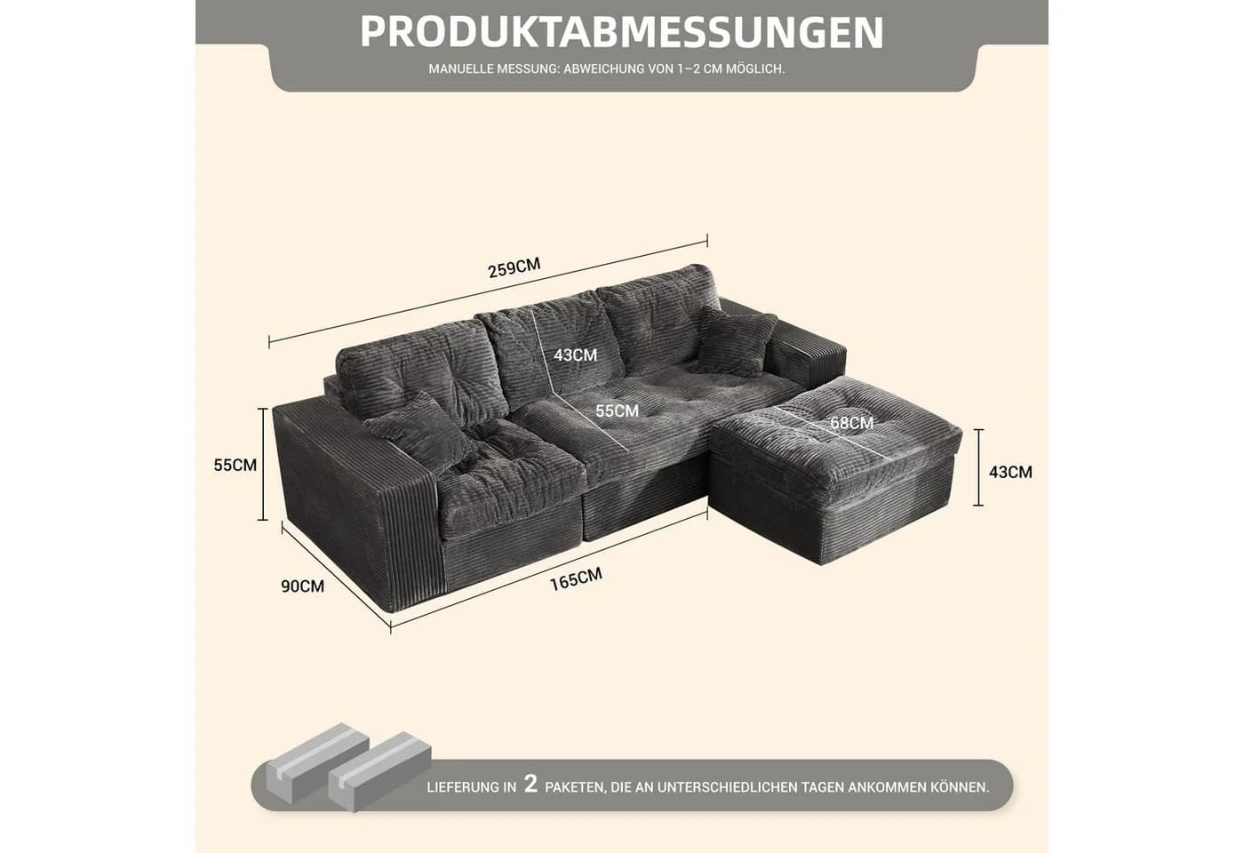 LITBIRD Ecksofa 3-Sitzer Grau Cordstoff Modulares Sofa