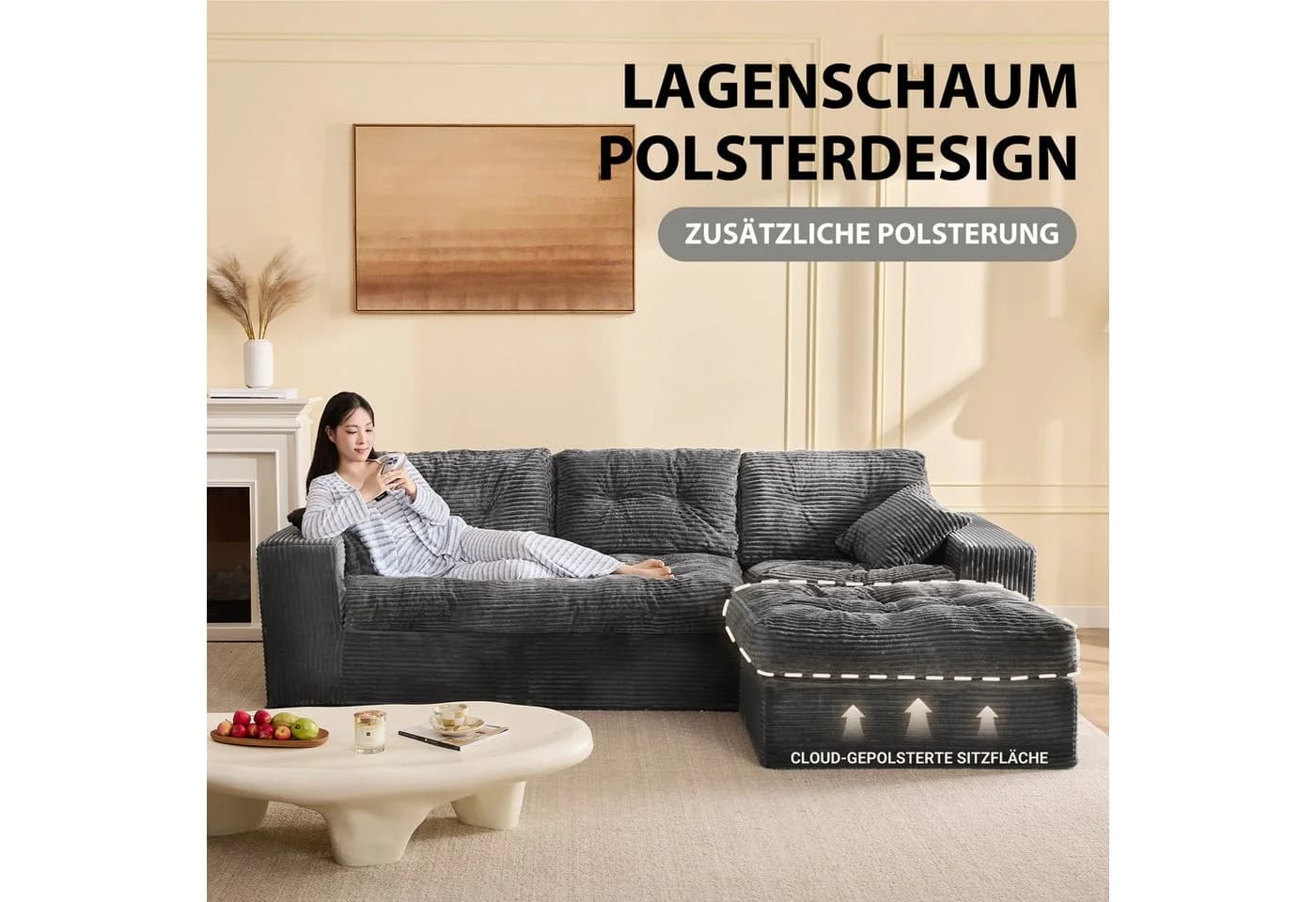 LITBIRD Ecksofa 3-Sitzer Grau Cordstoff Modulares Sofa - Bild 3