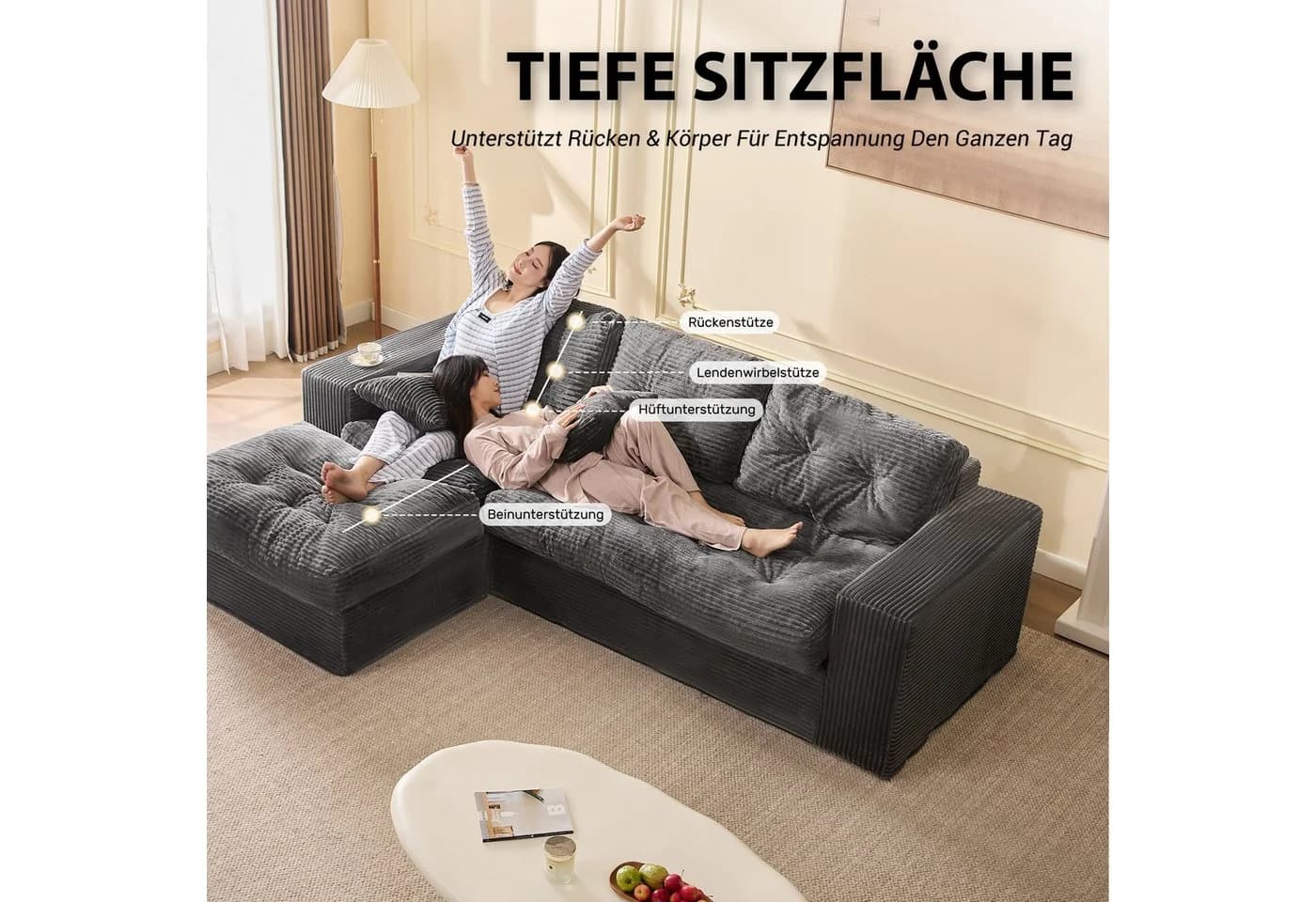 LITBIRD Ecksofa 3-Sitzer Grau Cordstoff Modulares Sofa - Bild 4