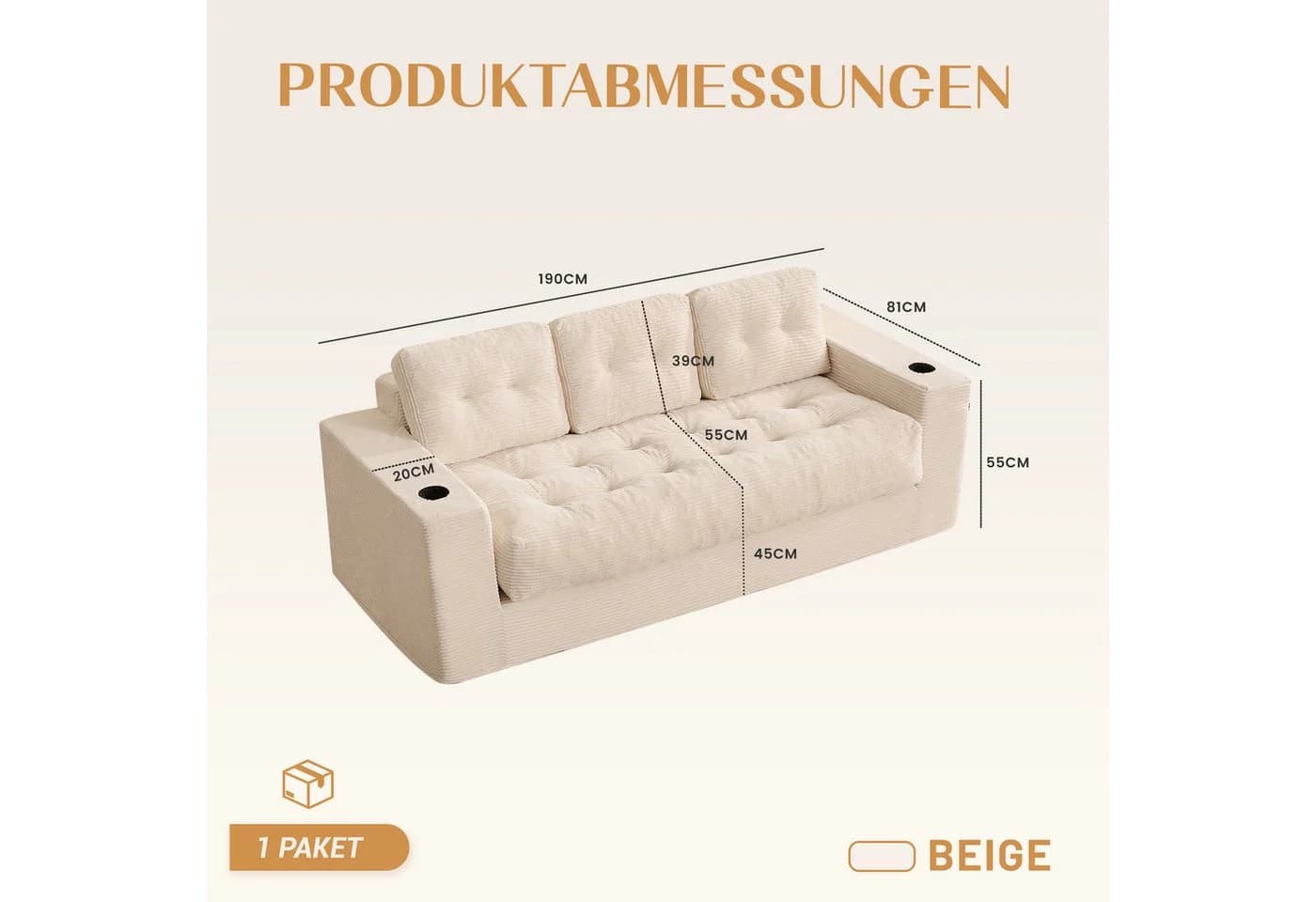 LITBIRD Bodensofa 3-Sitzer Beige Kordstoff mit Rückenlehne