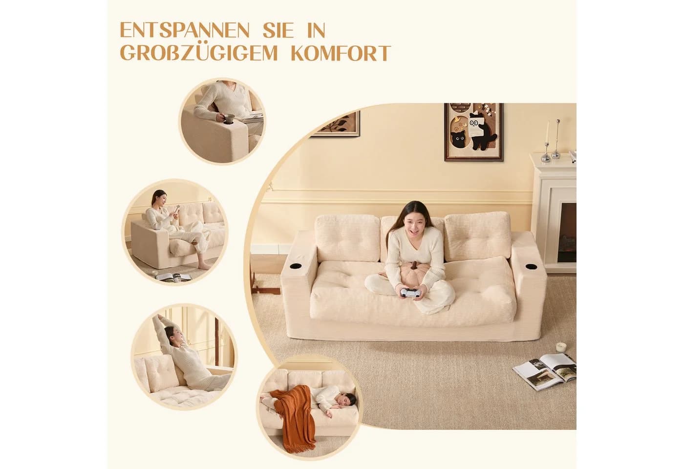 LITBIRD Bodensofa 3-Sitzer Beige Kordstoff mit Rückenlehne - Bild 4