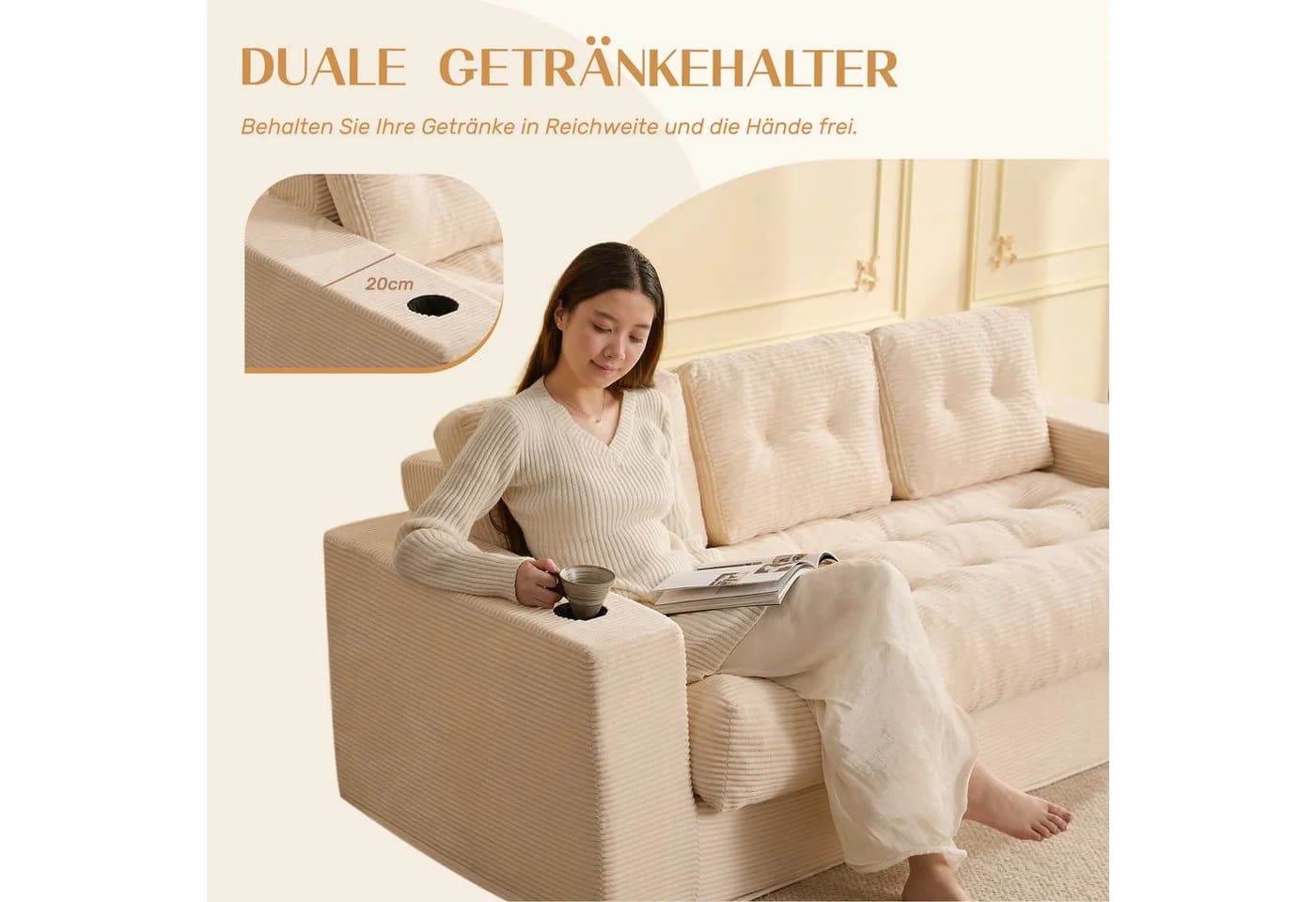 LITBIRD Bodensofa 3-Sitzer Beige Kordstoff mit Rückenlehne - Bild 5
