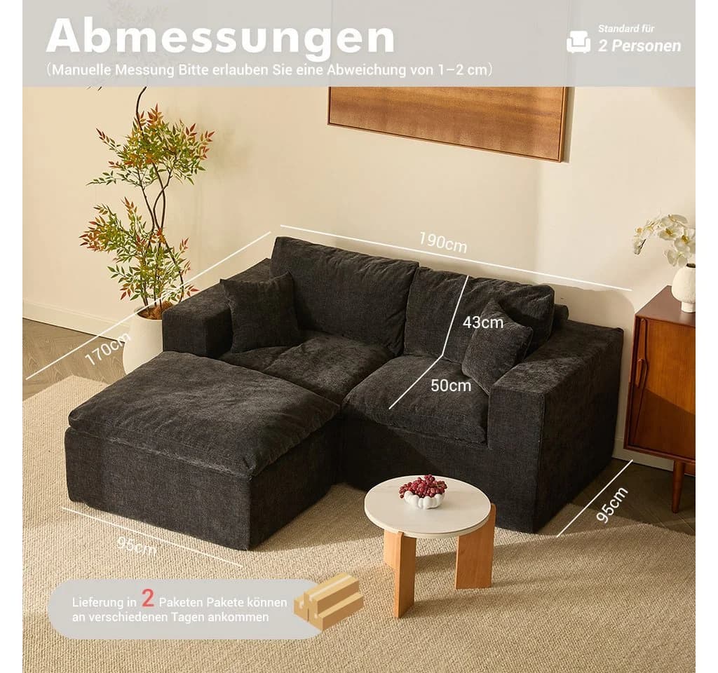 LITBIRD Ecksofa mit Schlaffunktion Chenille-Bezug Schwarz