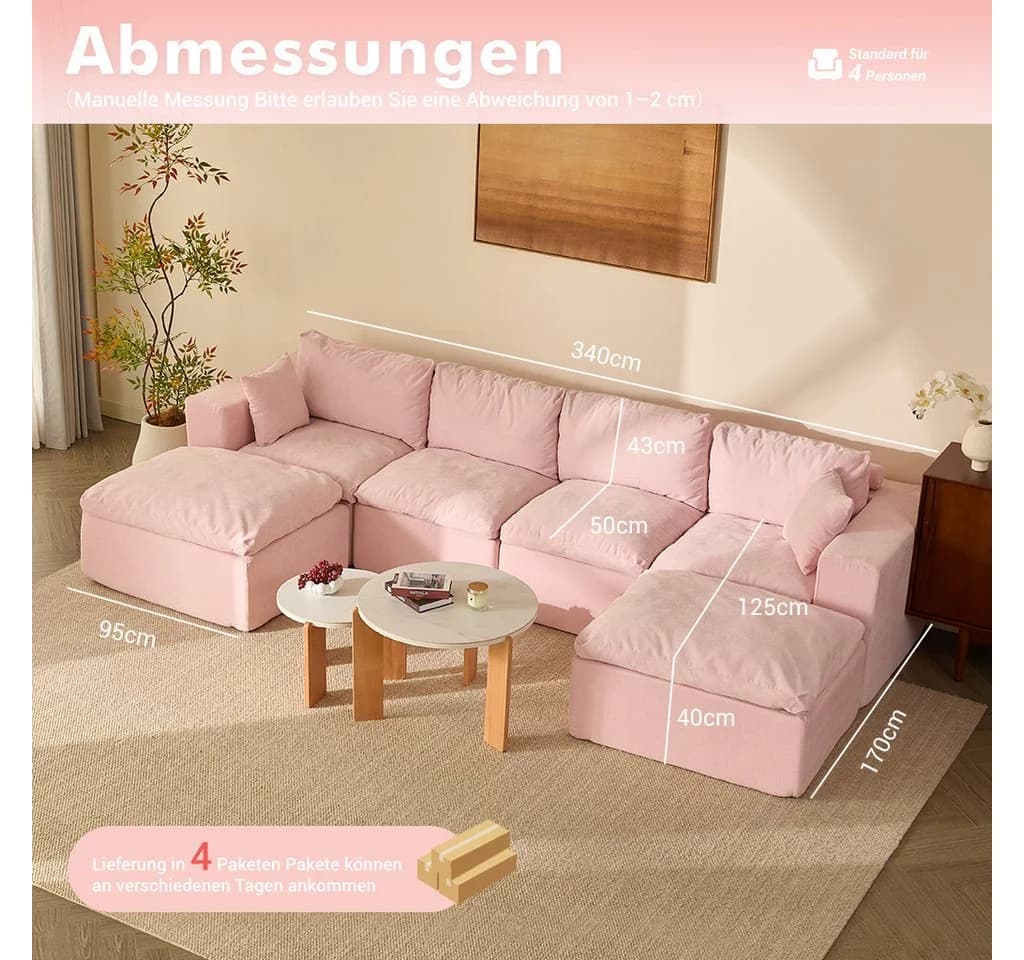 LITBIRD Modulares U-Form Sofa 340 cm mit Schlaffunktion Chenille Bezug Rosa