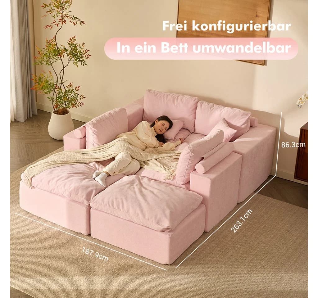 LITBIRD Modulares U-Form Sofa 340 cm mit Schlaffunktion Chenille Bezug Rosa - Bild 3