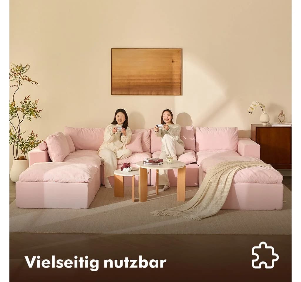 LITBIRD Modulares U-Form Sofa 340 cm mit Schlaffunktion Chenille Bezug Rosa - Bild 5