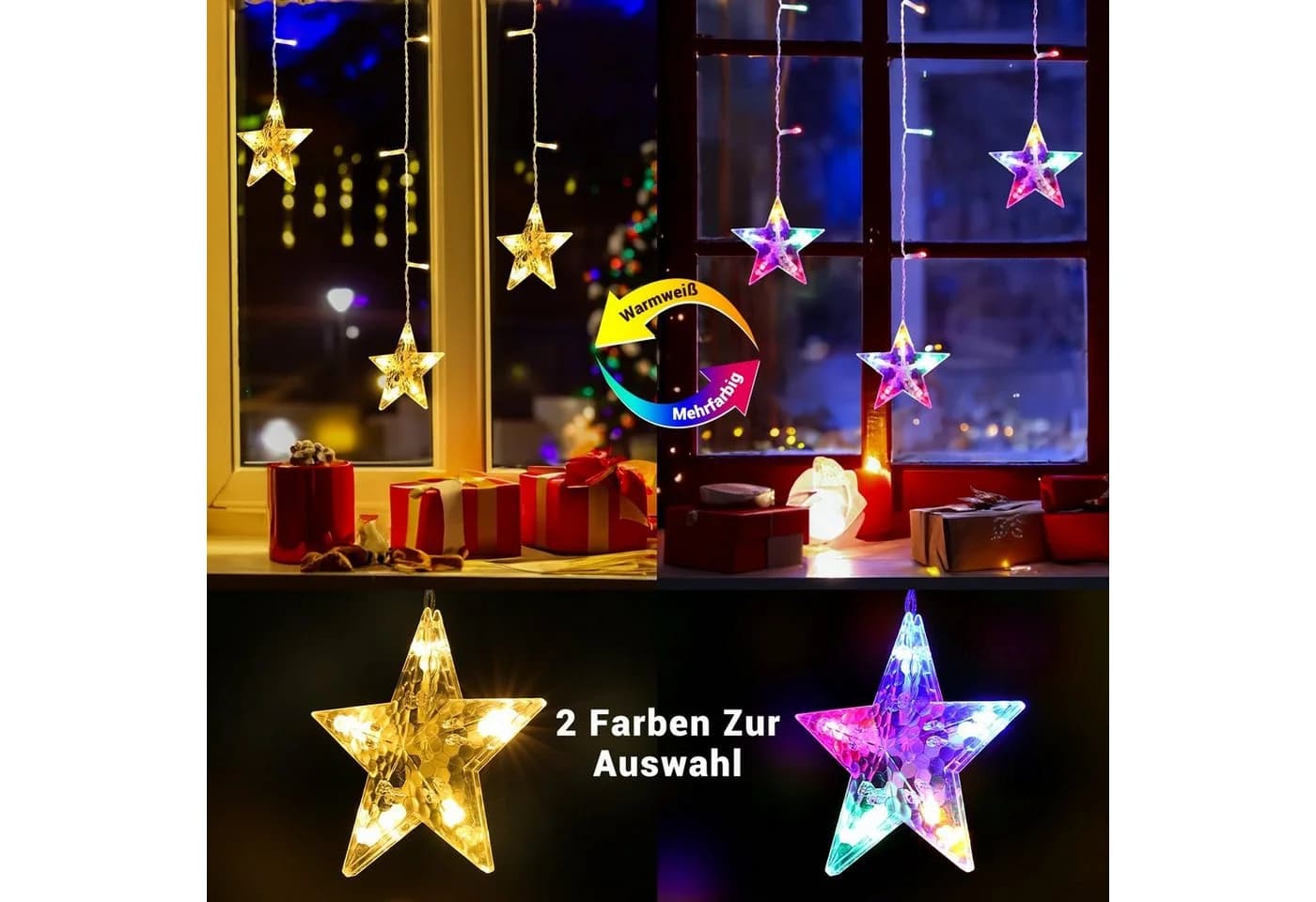 Bunte Lichterkette im Weihnachtsstern-Design für Fensterdekoration