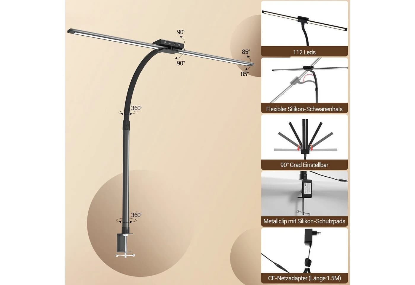 Elegear LED Schreibtischlampe 24W LED Doppelkopf Schwanenhals-Schreibtischlampe mit Fernbedienung für Home Office - Bild 3