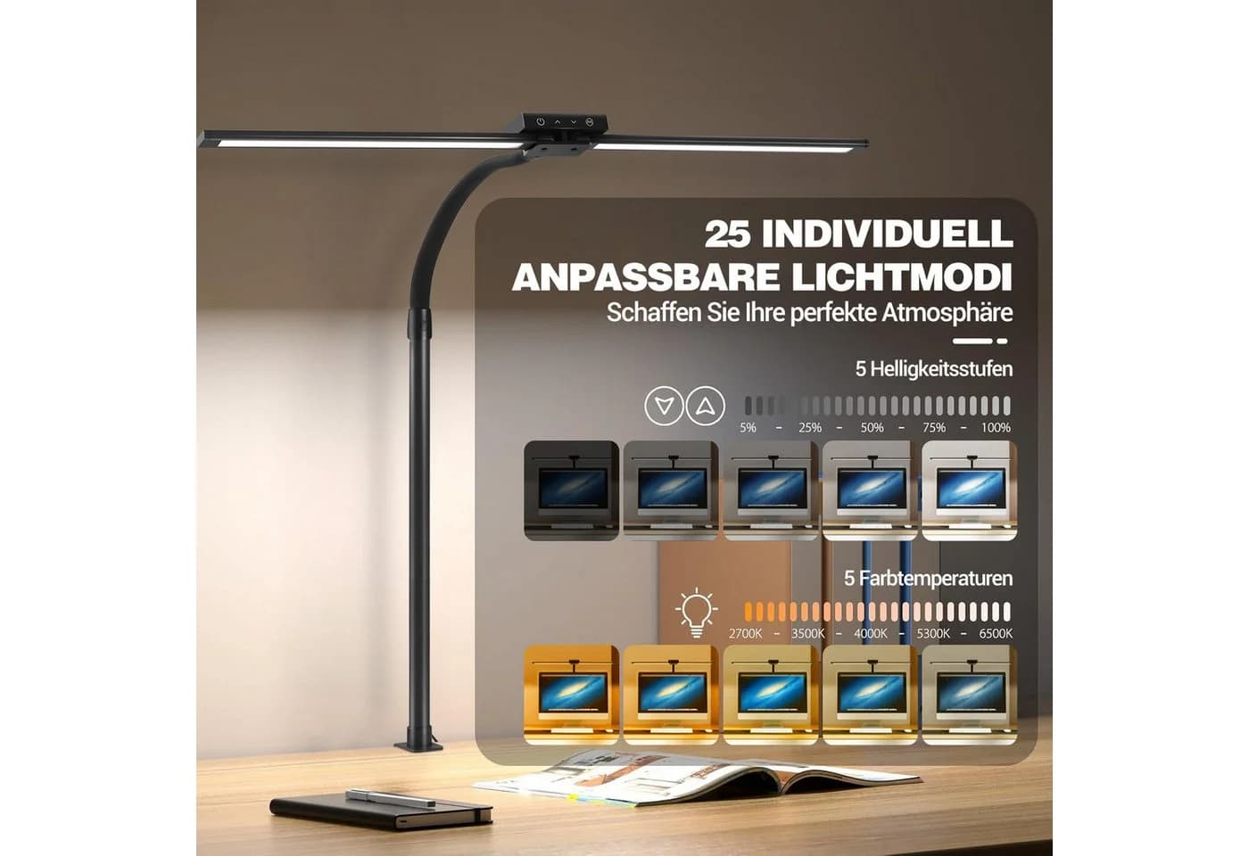 Elegear LED Schreibtischlampe 24W LED Doppelkopf Schwanenhals-Schreibtischlampe mit Fernbedienung für Home Office - Bild 4