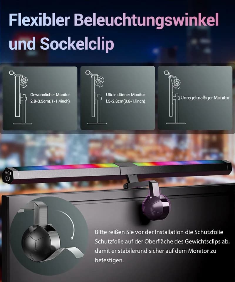 Quntis Schreibtischlampe mit RGB, 40/51cm 2in1 Monitor Lampen für Büro, Jugendzimmer, Studie, Gaming RGB, LED wechselbar, Tageslichtweiß, Variables RGB-Umgebungslicht, pc bildschirmlampe mit einstellbare Farbtemperatur Helligkeit, deko - Bild 5