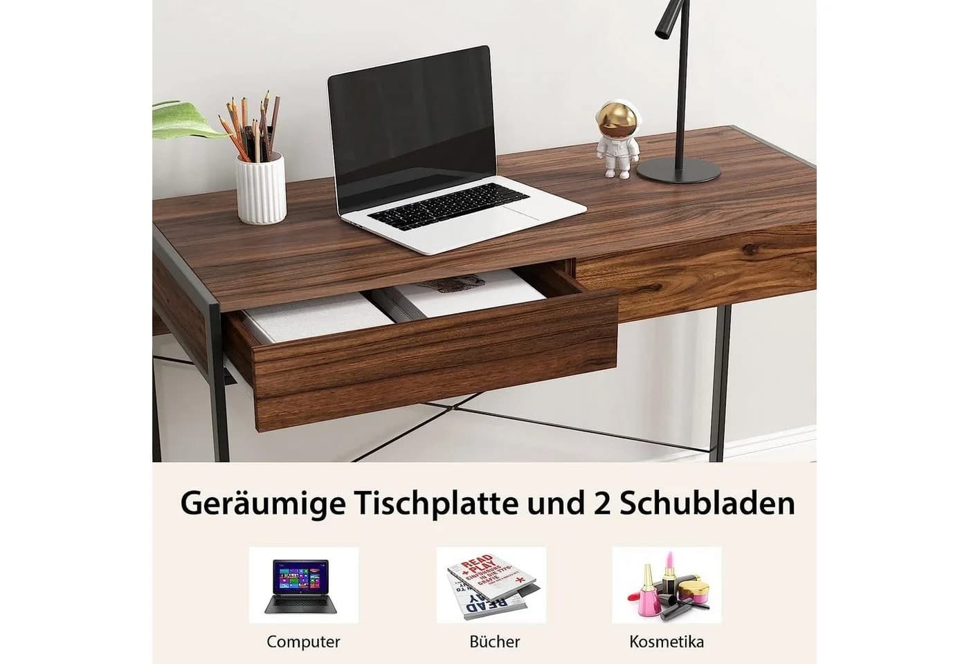 KOMFOTTEU Computertisch Schreibtisch mit Schubladen Braun/Schwarz - Bild 4