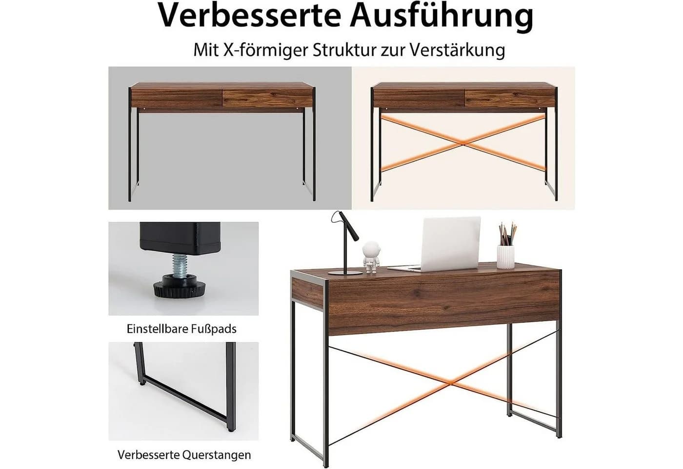KOMFOTTEU Computertisch Schreibtisch mit Schubladen Braun/Schwarz - Bild 5