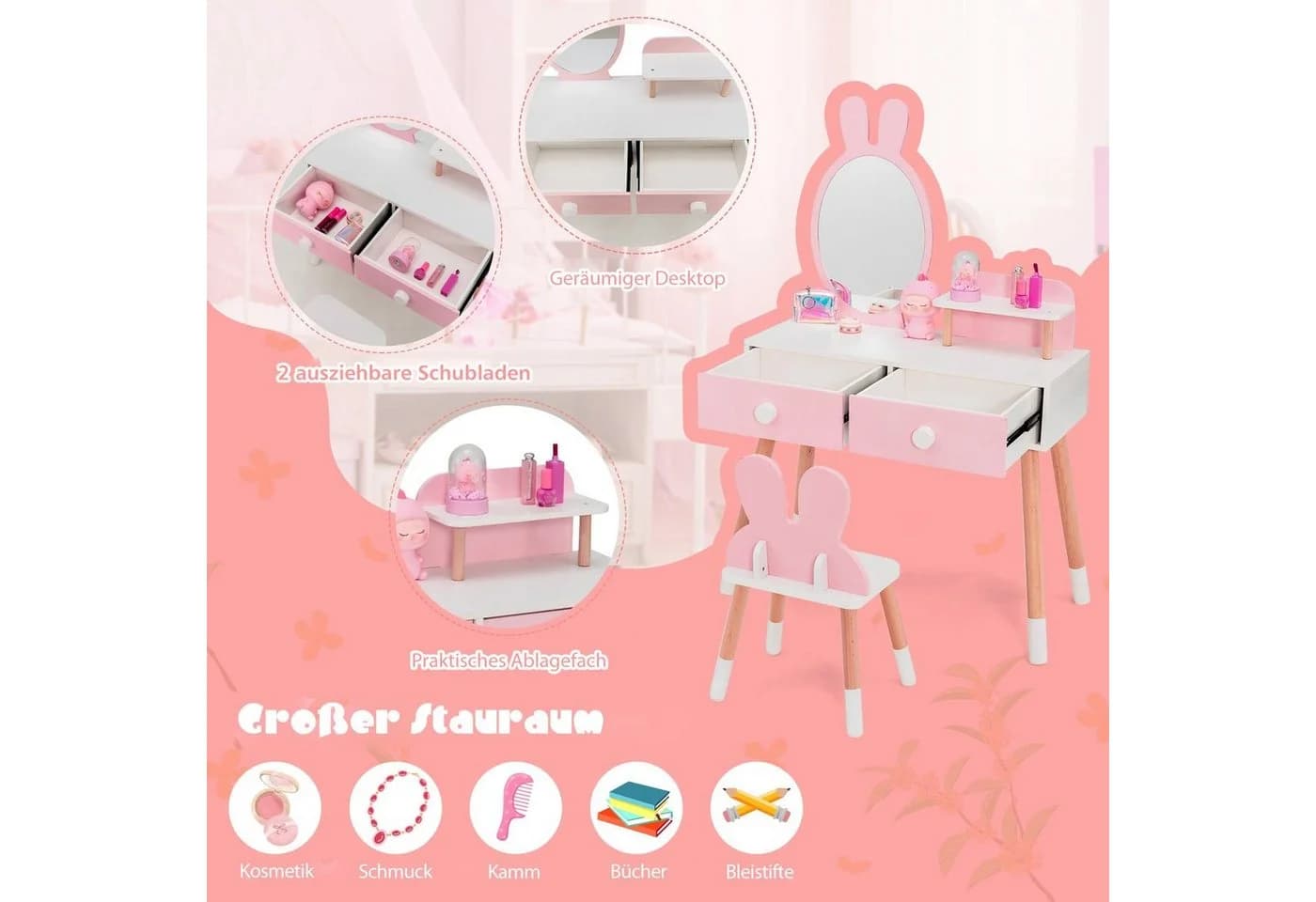 COSTWAY Schminktisch 2 in 1 Rosa Weiß mit Spiegel