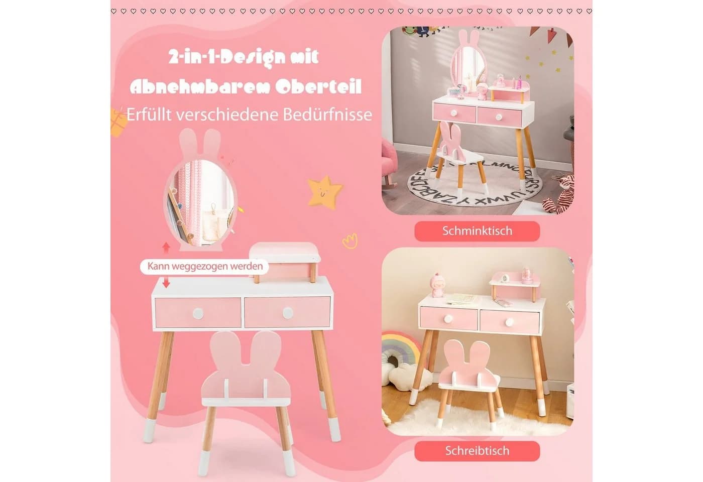 COSTWAY Schminktisch 2 in 1 Rosa Weiß mit Spiegel - Bild 4