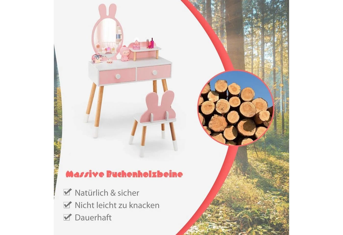 COSTWAY Schminktisch 2 in 1 Rosa Weiß mit Spiegel - Bild 5