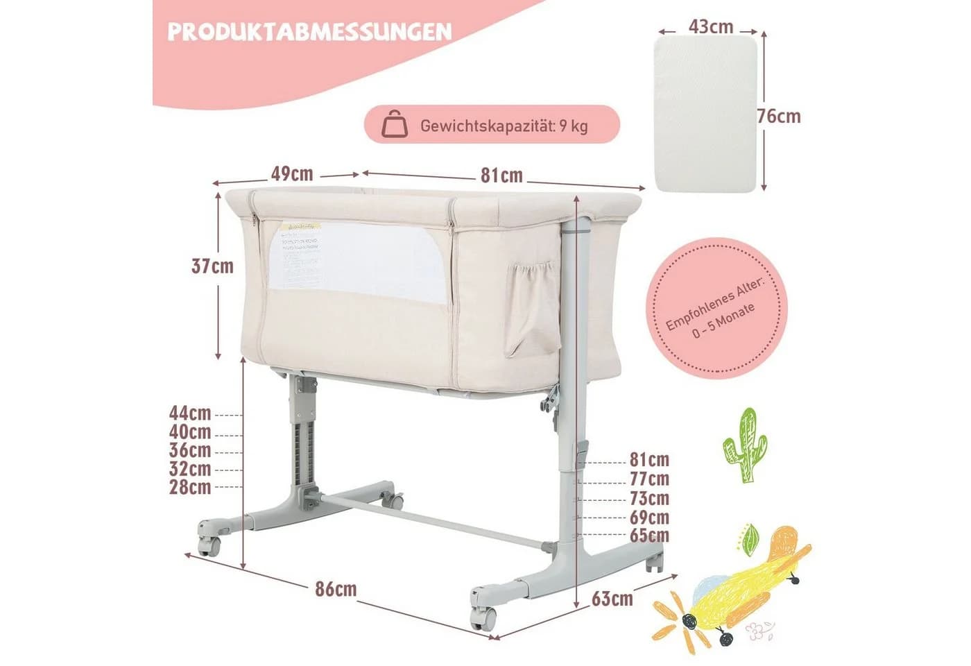 COSTWAY Beistellbett 3 in 1 Reisebett 5-stufig höhenverstellbar Beige