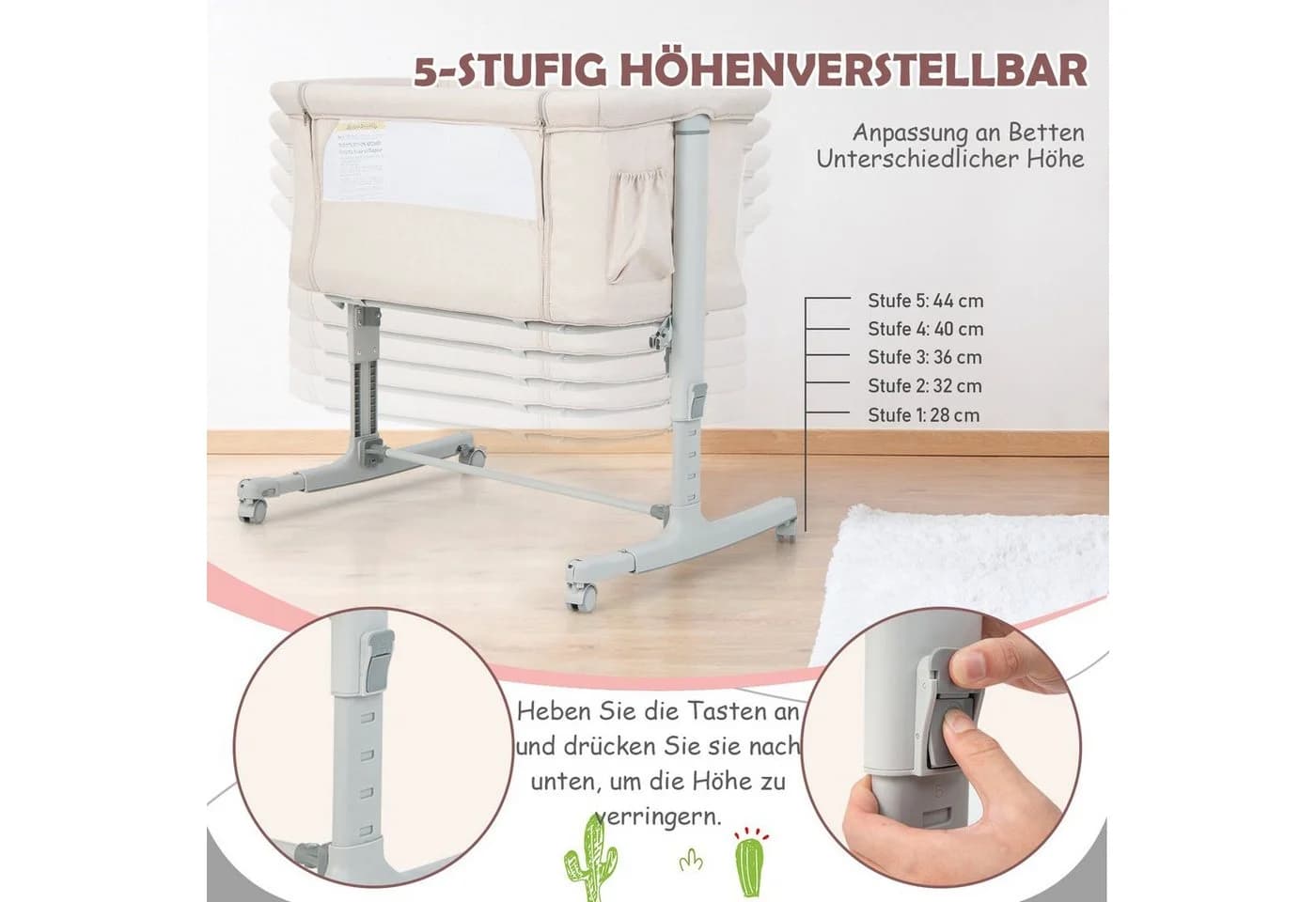 COSTWAY Beistellbett 3 in 1 Reisebett 5-stufig höhenverstellbar Beige - Bild 3