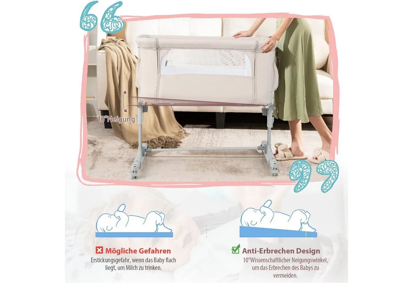 COSTWAY Beistellbett 3 in 1 Reisebett 5-stufig höhenverstellbar Beige - Bild 4