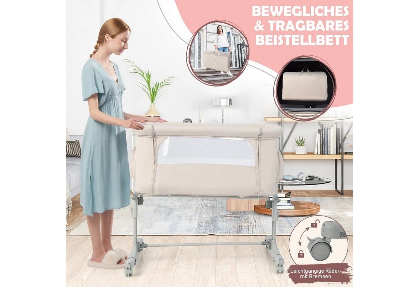 COSTWAY Beistellbett 3 in 1 Reisebett 5-stufig höhenverstellbar Beige - Bild 5