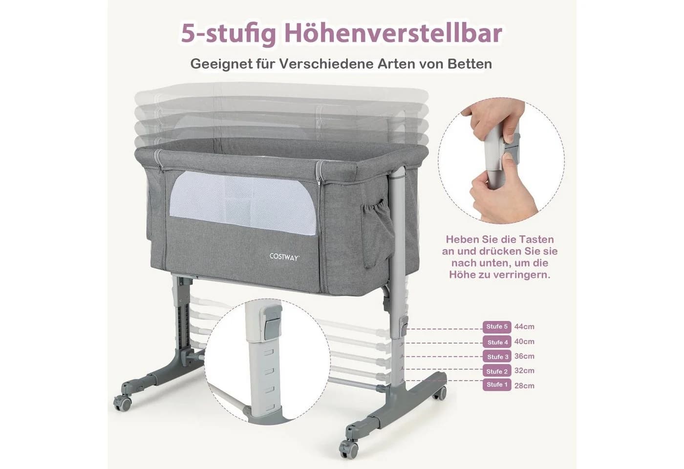 COSTWAY Beistellbett 3 in 1 Reisebett 5-stufig höhenverstellbar Matratze