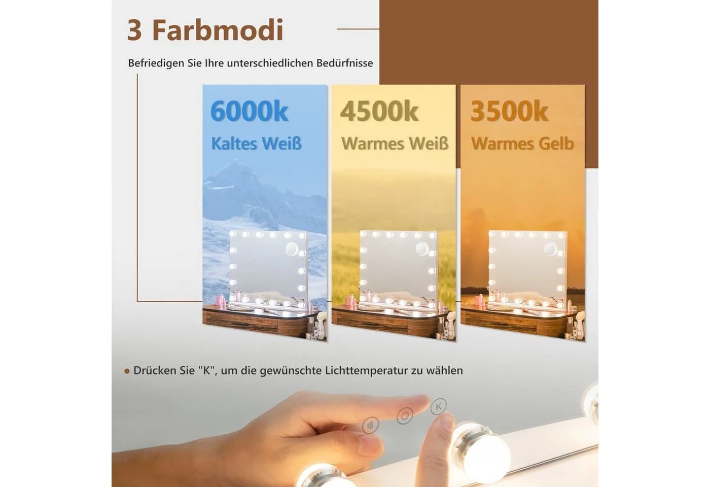 COSTWAY LED-Lichtspiegel, Hollywood Schminkspiegel 18 LED 3X Vergrößerung Weiß - Bild 3