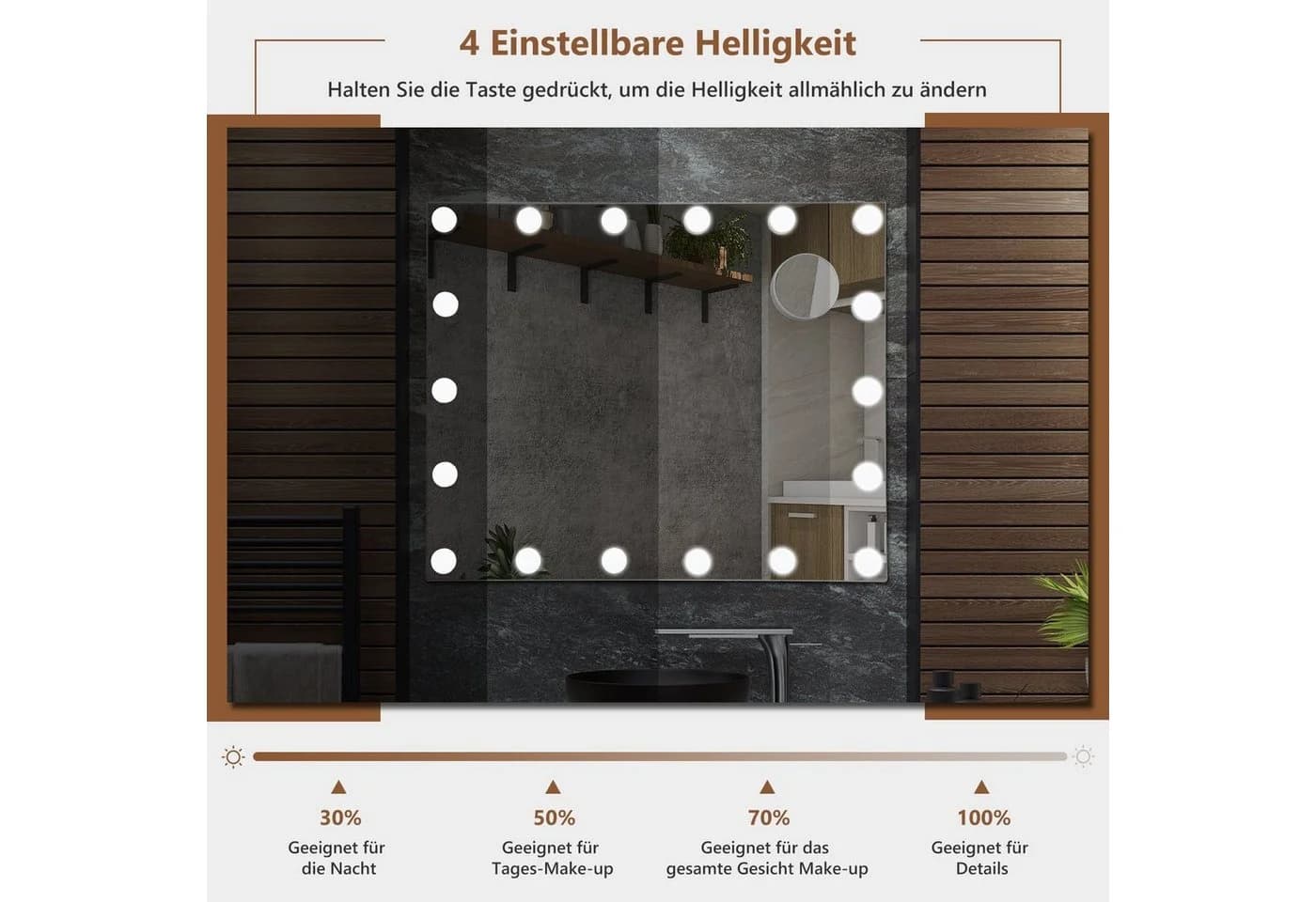 COSTWAY LED-Lichtspiegel, Hollywood Schminkspiegel 18 LED 3X Vergrößerung Weiß - Bild 4