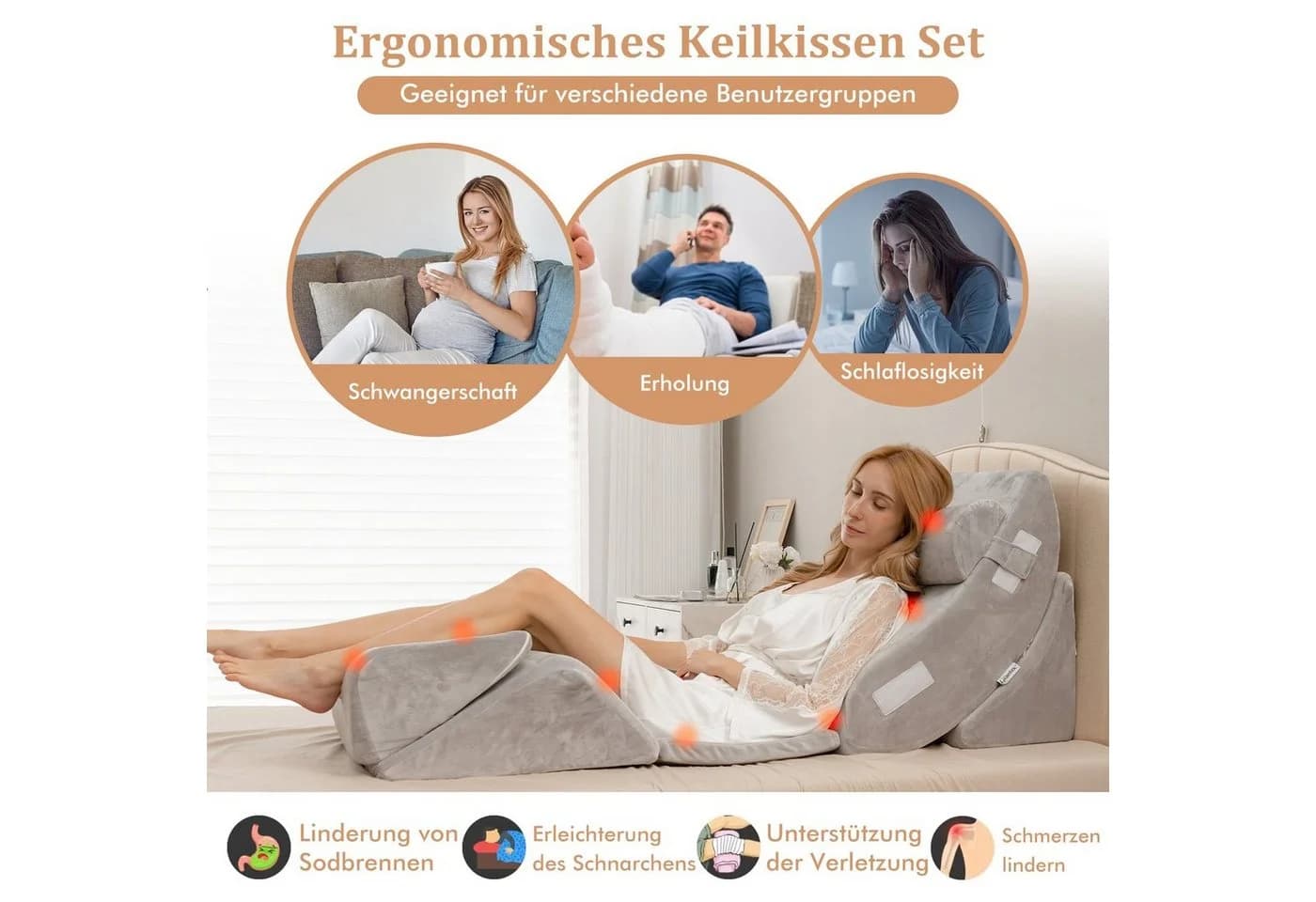 COSTWAY Keilkissen-Set 6-tlg. Grau Memory-Schaum mit abnehmbarer Kopfstütze - Bild 3