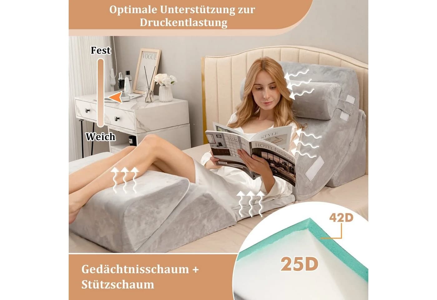 COSTWAY Keilkissen-Set 6-tlg. Grau Memory-Schaum mit abnehmbarer Kopfstütze - Bild 4