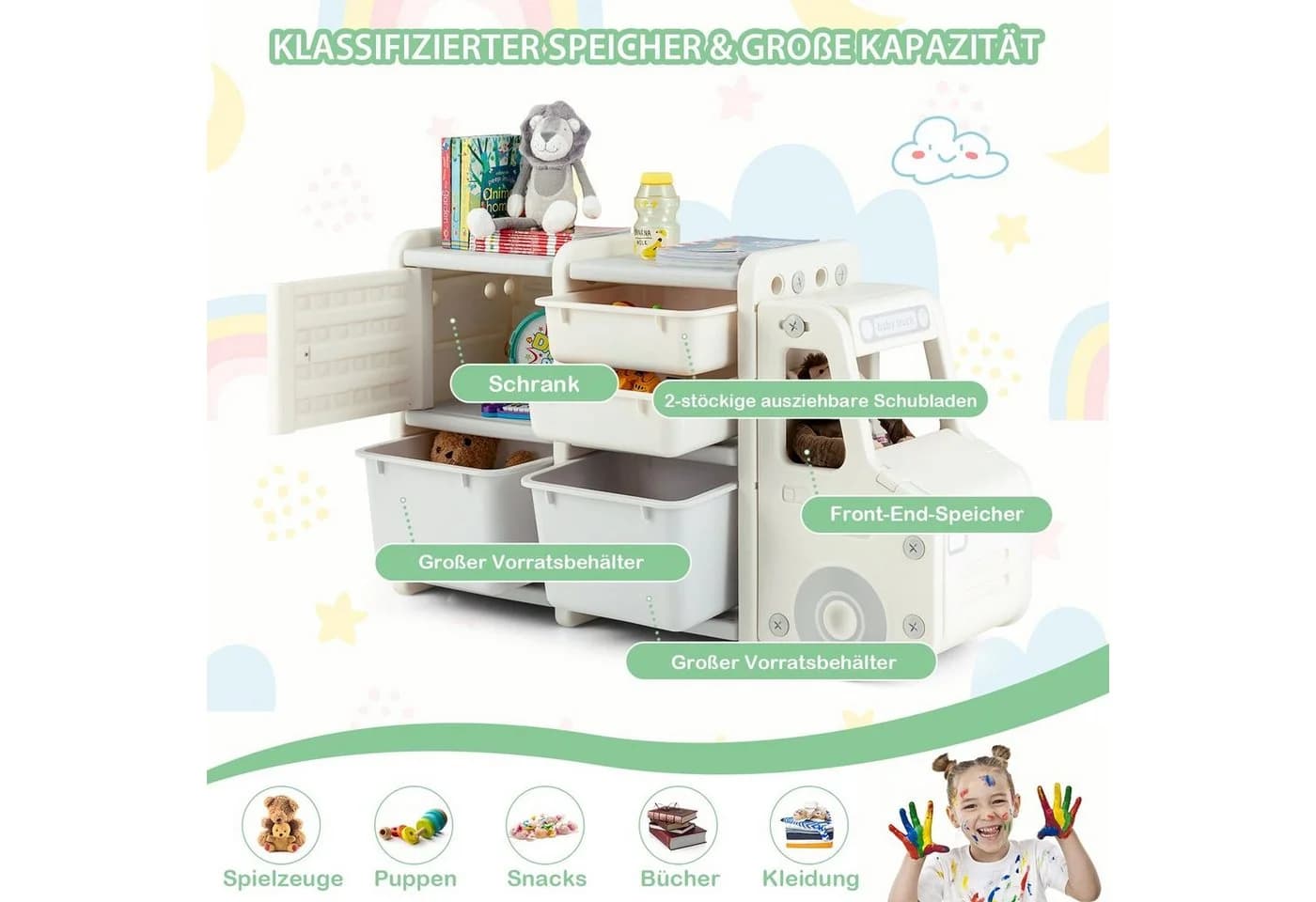 COSTWAY Spielzeugtruhe Kinderregal groß Beige Weiß 2 Ebenen - Bild 3