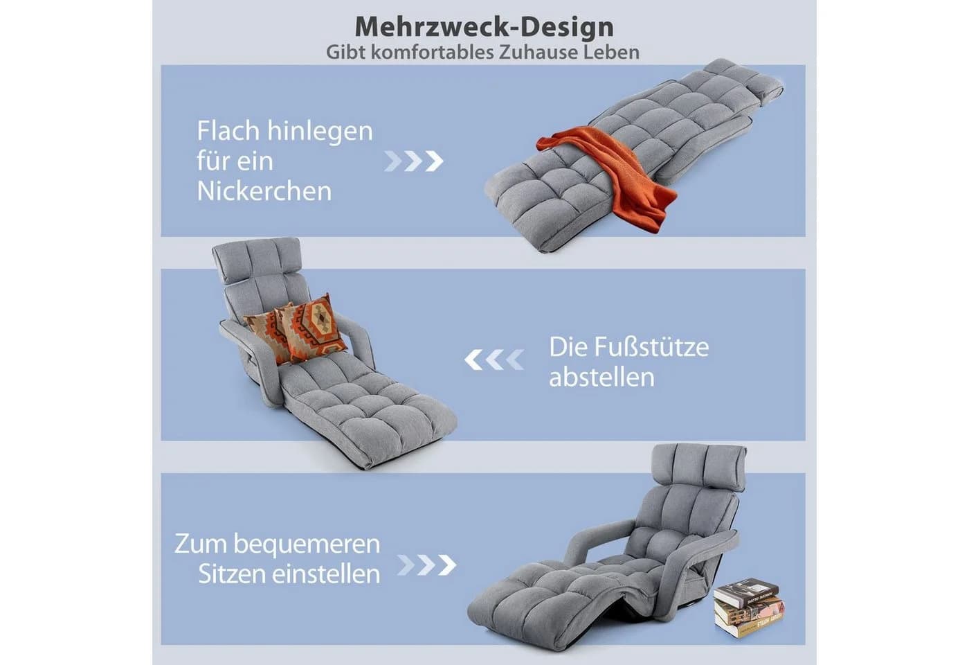 COSTWAY Relaxliege 6-Fach Verstellbar Grau - Bild 4