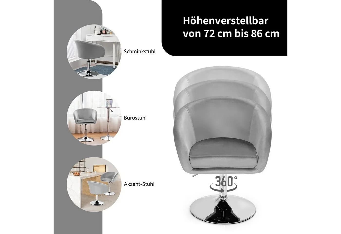 COSTWAY Barhocker Grau Höhenverstellbar 360° Drehbar
