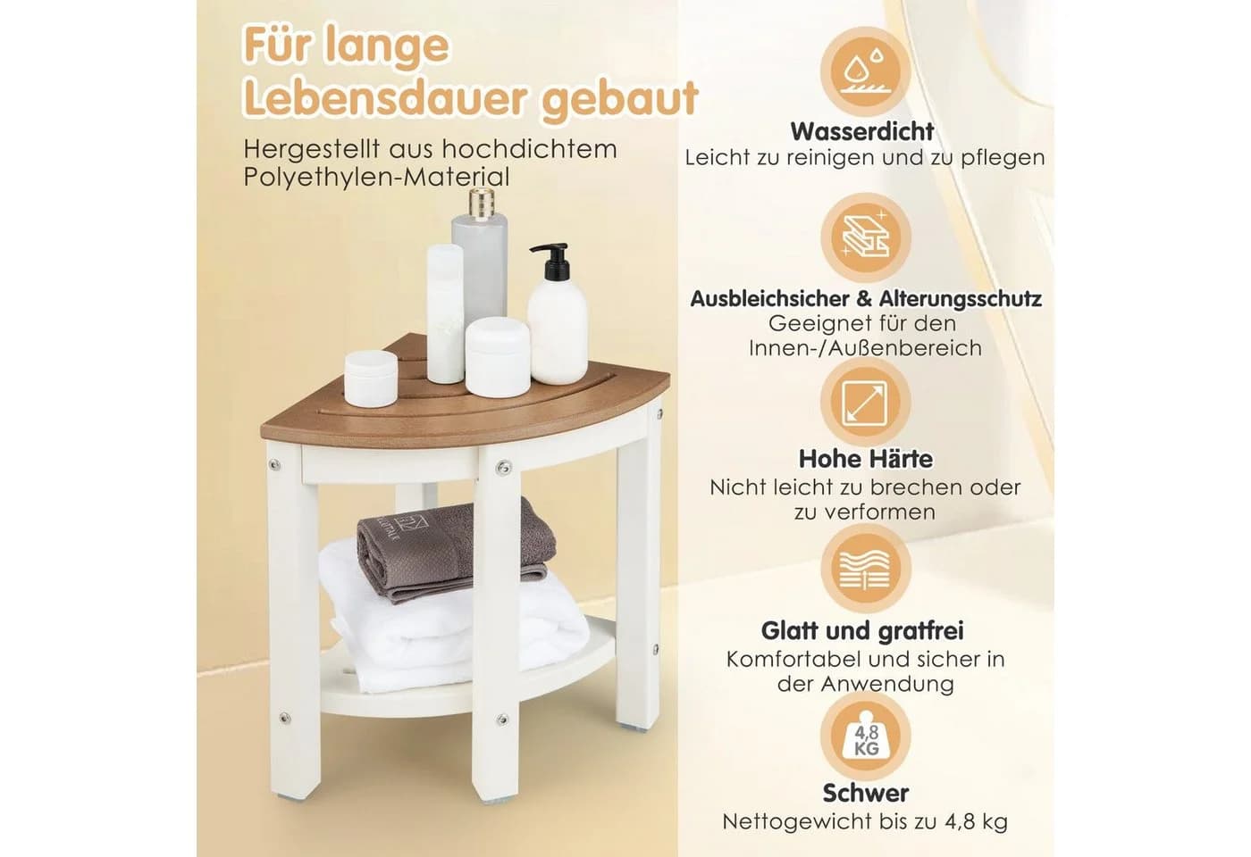 COSTWAY Duschhocker Eckbank HDPE 150kg Braun/Weiß - Bild 5