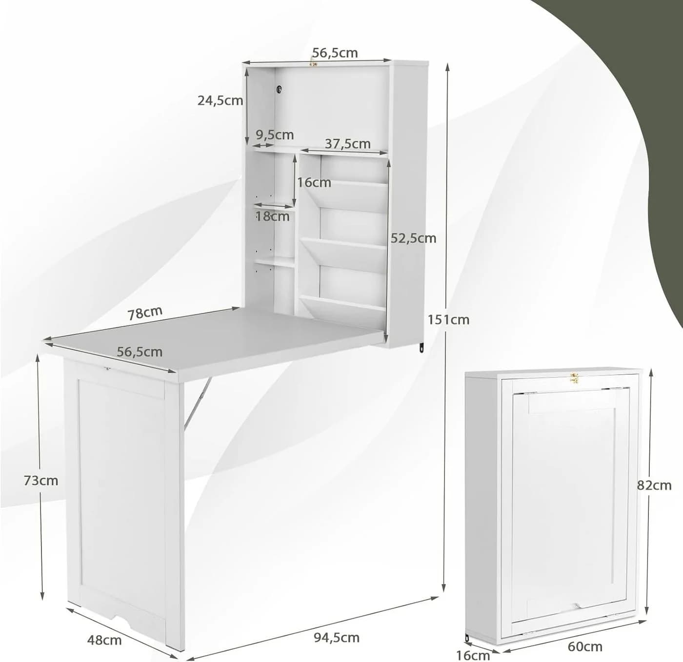 KOMFOTTEU Klapptisch Wandtisch Weiß mit Stauraum - Bild 3
