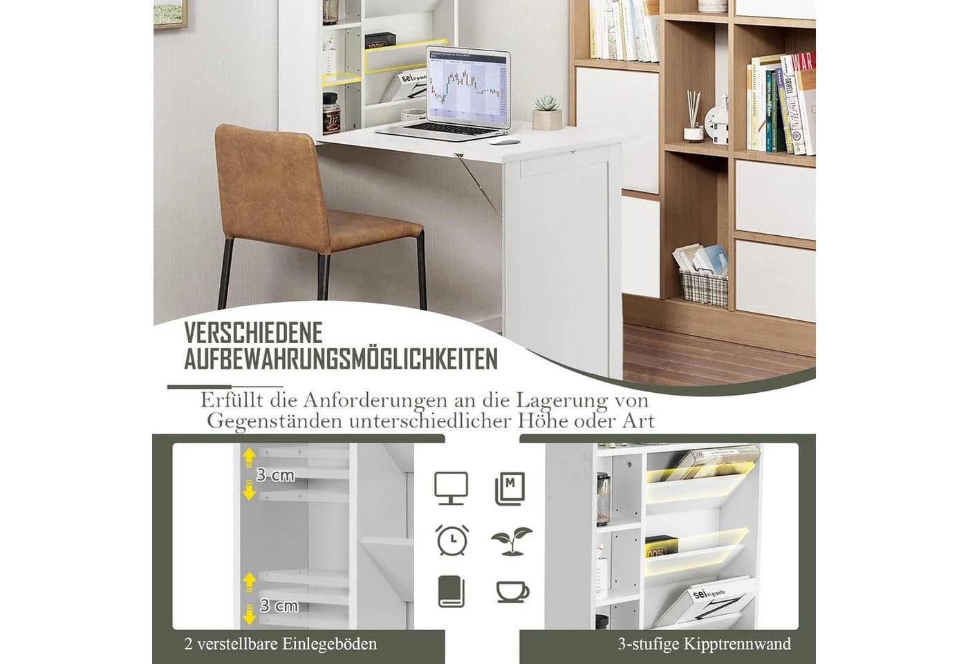 KOMFOTTEU Klapptisch Wandtisch Weiß mit Stauraum - Bild 4
