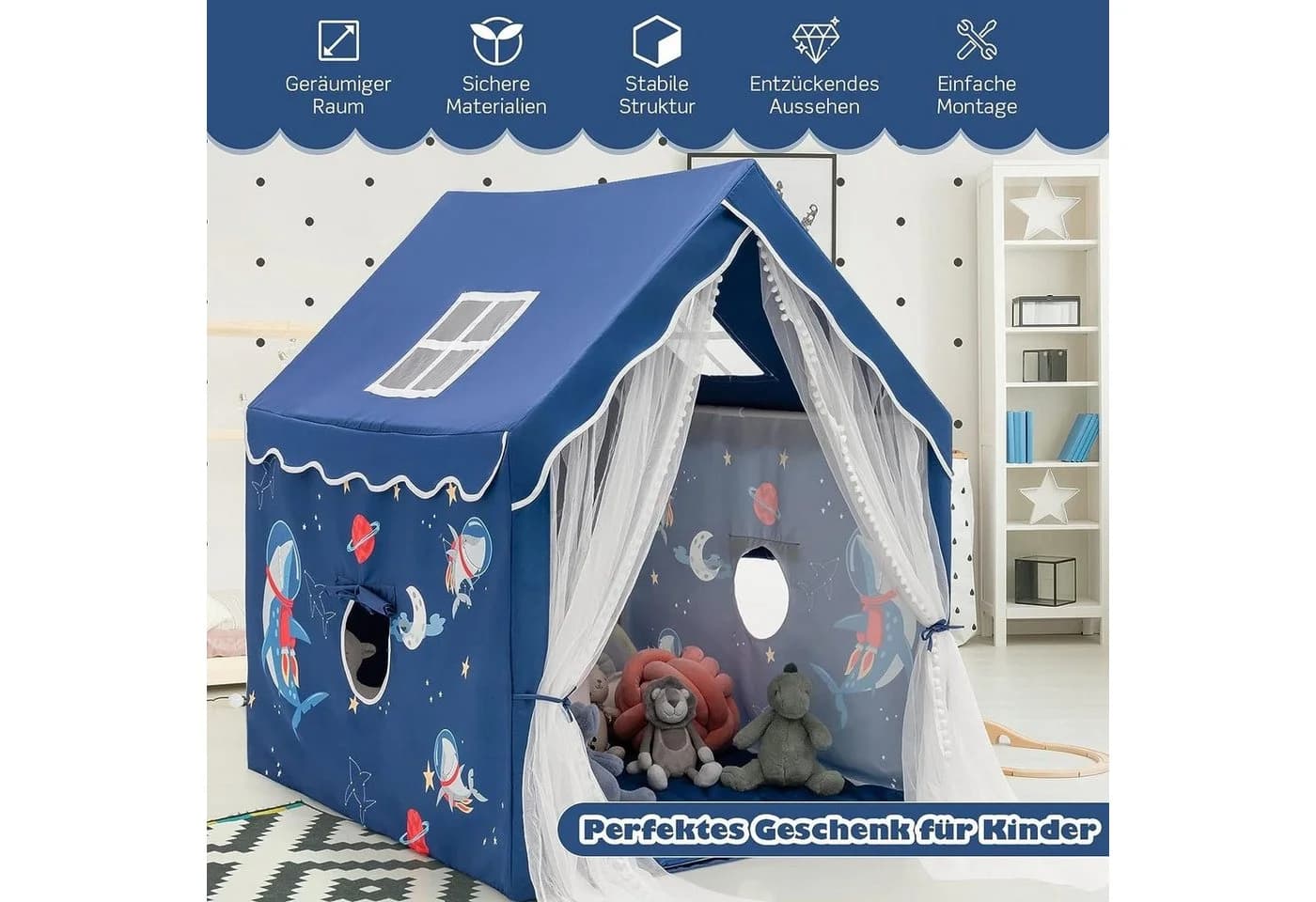KOMFOTTEU Kinderspielzelt mit dicker Matte, 2 Fenstern & Gaze - Blau