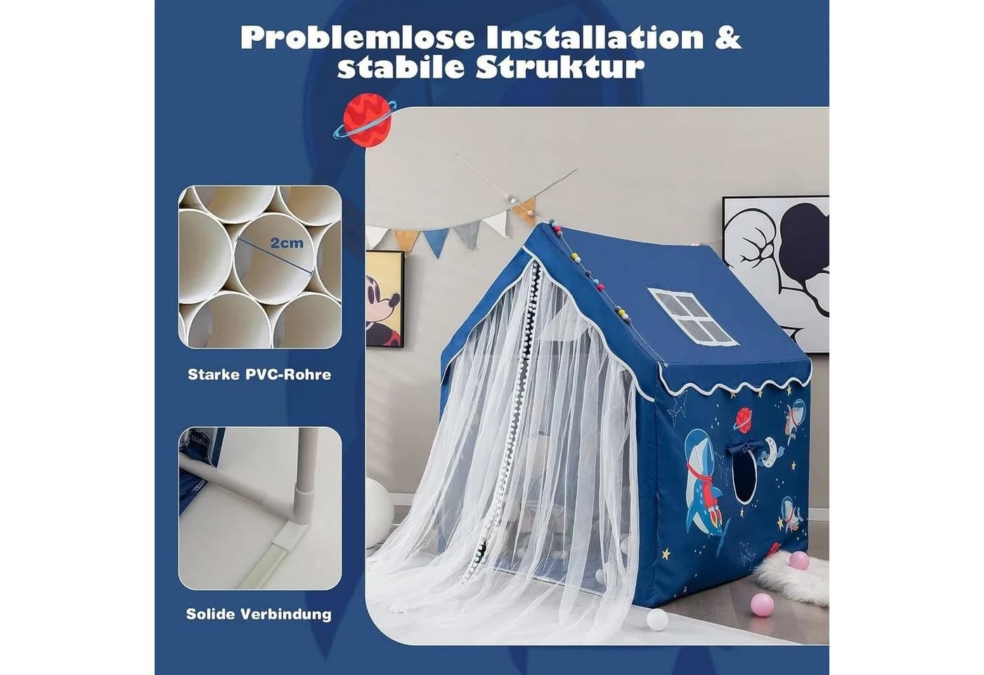 KOMFOTTEU Kinderspielzelt mit dicker Matte, 2 Fenstern & Gaze - Blau - Bild 3