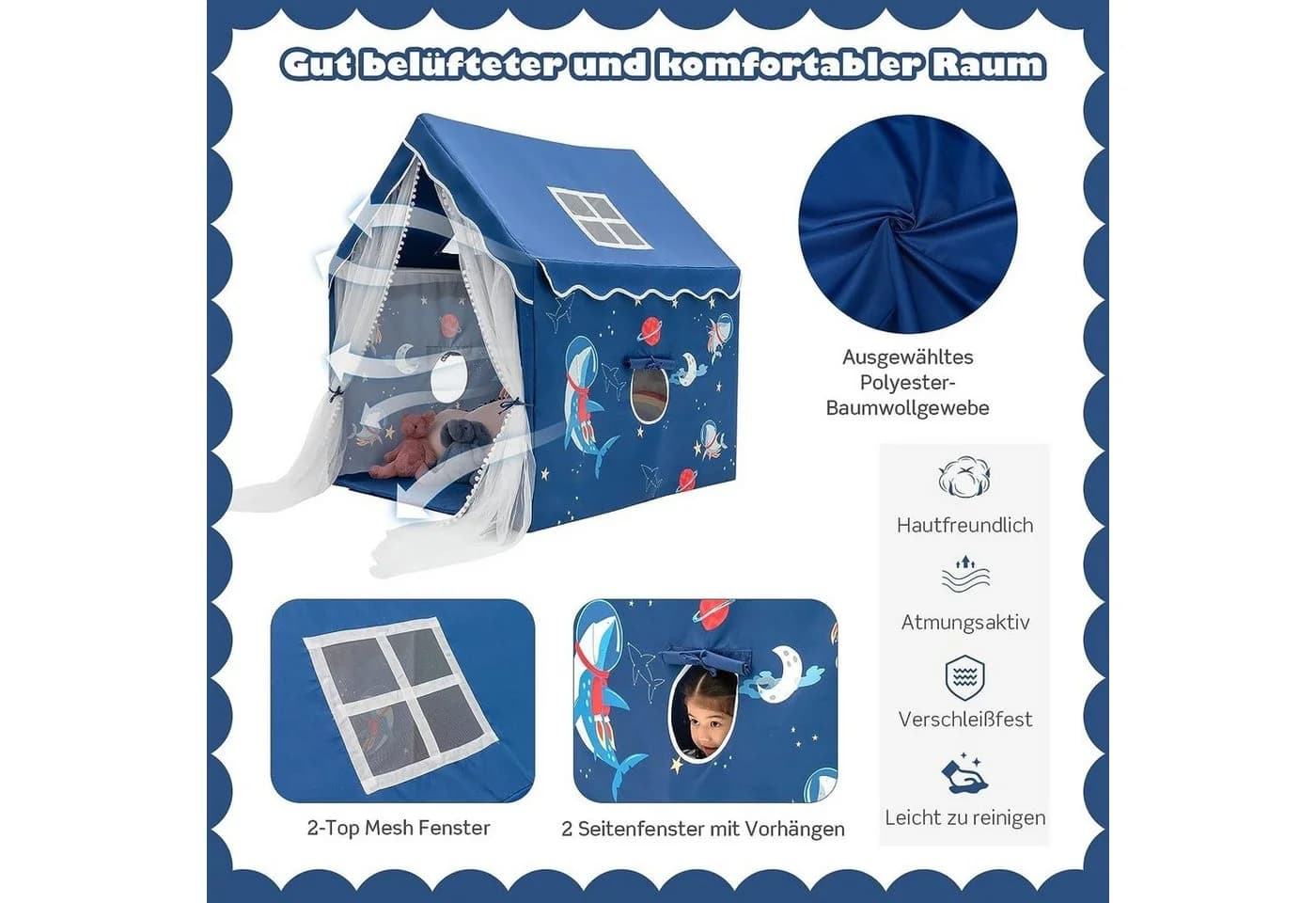 KOMFOTTEU Kinderspielzelt mit dicker Matte, 2 Fenstern & Gaze - Blau - Bild 4
