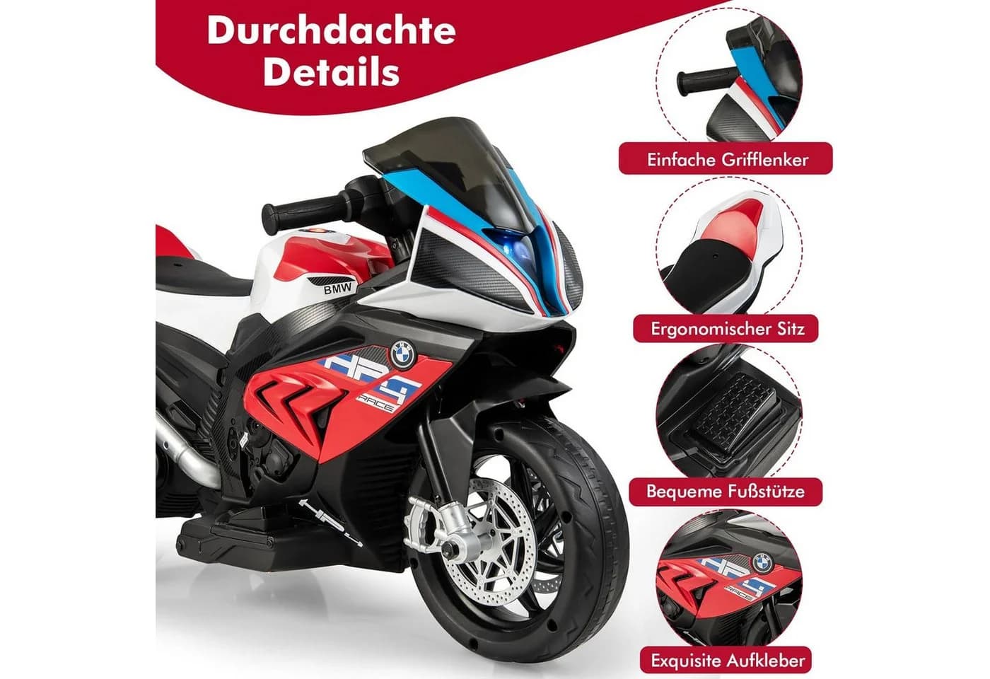 KOMFOTTEU Elektro-Kindermotorrad Rot mit Musik & Scheinwerfer - Bild 5