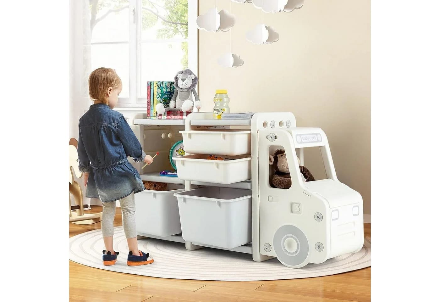 KOMFOTTEU Spielzeugtruhe Kinderregal Beige 4 Boxen 1 Schrank - Bild 3