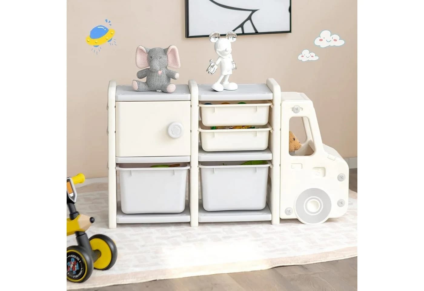 KOMFOTTEU Spielzeugtruhe Kinderregal Beige 4 Boxen 1 Schrank - Bild 4